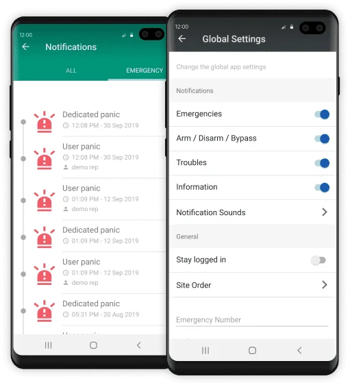 Fidelity ADT SecureHome app notification and settings screens